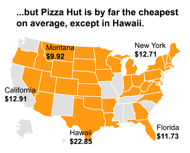 Map of average cost of Pizza Hut large pepperoni