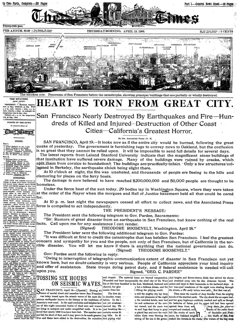 The L.A. Times front page from April 19, 1906 detailing San Francisco's great earthquake and fire