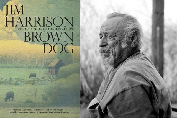 A photo of author Jim Harrison, split with the cover of 